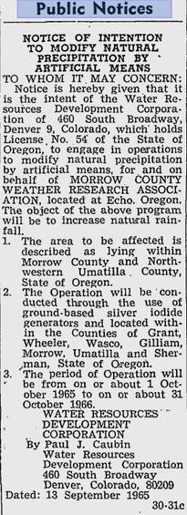 Chemtrails, Atmospheric Geoengineering and Environmental Warfare Heppner-gazette-times-23sep1965-public-notice2